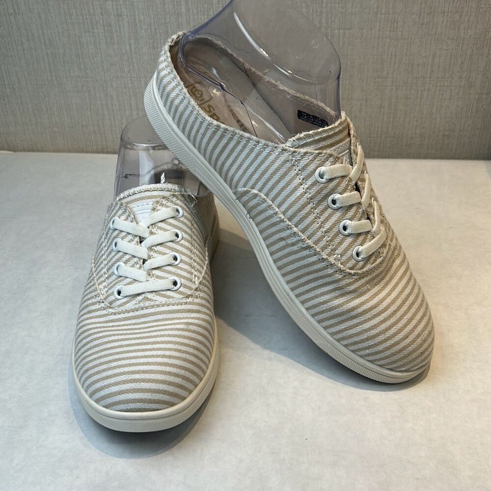NEW Spenco White Tan Stripe Canvas Slip On Tennis Shoes Womens Sz 7 Orthotic Sne